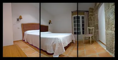 two pictures of a bedroom with a bed and a chair at Casa do Comediante in Cerdeira