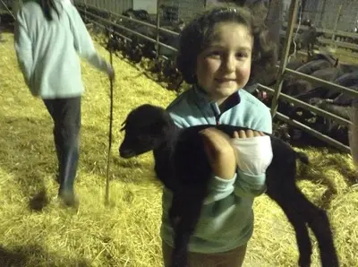 a young girl holding a baby goat in a pen at Hotel Rural Yeguada Albeitar in Villayón