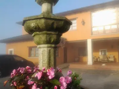 a stone fountain with flowers in front of a house at Hotel Rural Yeguada Albeitar in Villayón