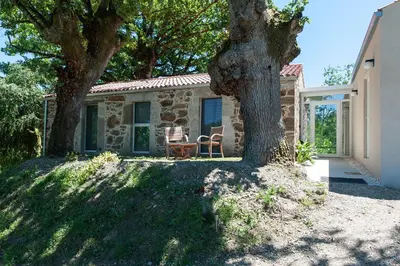 a stone house with two chairs and a tree at Casa das Landras in Chantada