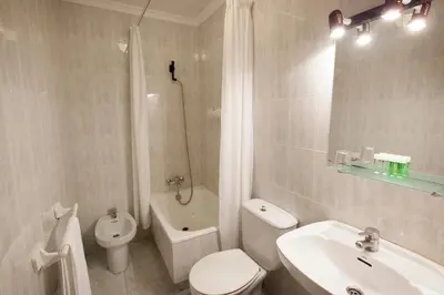 a bathroom with a toilet and a sink and a shower at Hostal Restaurante Terra Chá in Villalba