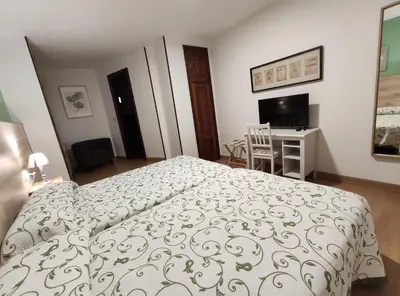 a bedroom with a bed and a desk and a television at Hostal-Restaurante Paris in Forcarei