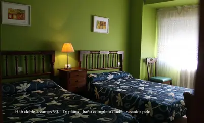 a bedroom with two beds and green walls at Casa Matías in Sarria