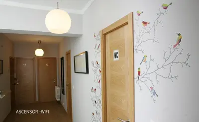 a hallway with a bathroom with birds on the wall at Casa Matías in Sarria
