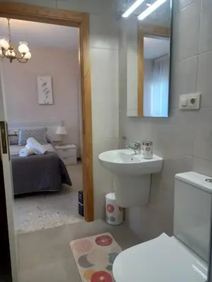 a bathroom with a sink and a toilet and a bed at Albergue Agarimo in Caldas de Reis