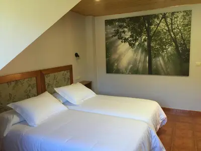 two beds in a bedroom with a painting on the wall at Alojamiento en entorno rural Los Trobos in Villar de Otero