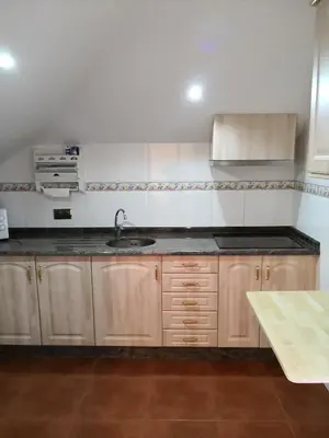 a kitchen with wooden cabinets and a sink at Apartamento Apega in Ribadeo