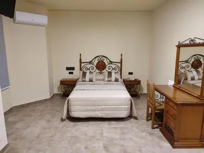 a bedroom with a large bed and a wooden desk at Hotel Novo in Ponferrada
