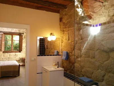 a bathroom with a shower with a toilet in it at Pazo de Chaioso Ribeira Sacra in Maceda