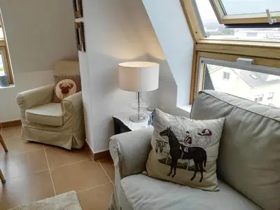 a living room with a horse pillow on a couch at San Ciprian Atico Tres Playas by I Love Norte in San Ciprián