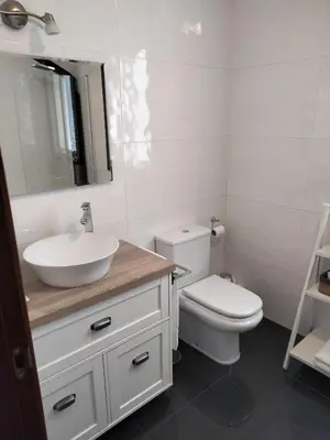 a white bathroom with a sink and a toilet at apartment garden in Caldas de Reis