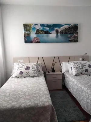a bedroom with two beds and a painting on the wall at apartment garden in Caldas de Reis