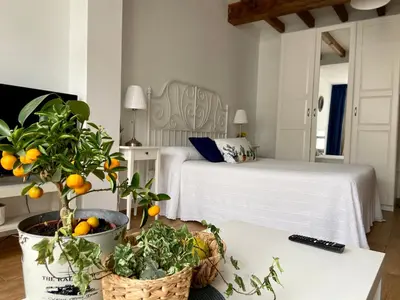 a bedroom with a bed and a table with oranges on it at El Galeón in Ribadeo