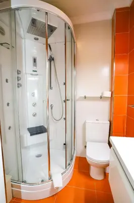a bathroom with a shower and a toilet at Pension As Burgas Ii in Caldas de Reis