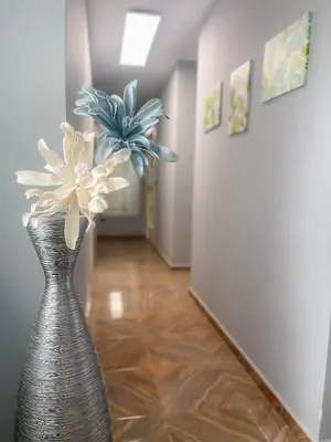 a silver vase with flowers in a hallway at Pension As Burgas Ii in Caldas de Reis