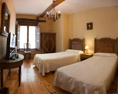 a bedroom with two beds and a television in it at Paraiso del Bierzo in Las Herrerías
