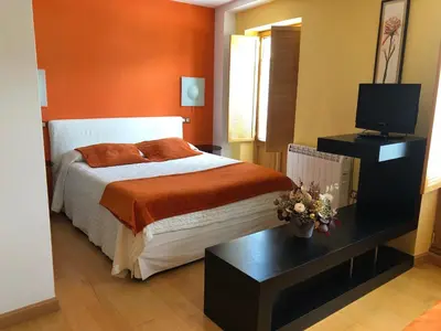 a bedroom with a bed and a television and a table at Apartamentos Albariño in Vegadeo