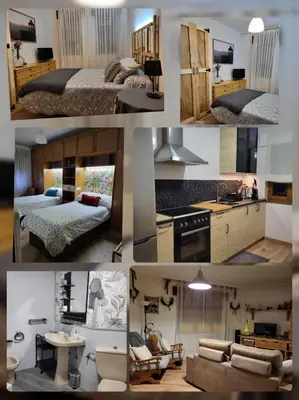 a collage of photos of a kitchen and a bedroom at Villa Sabina 