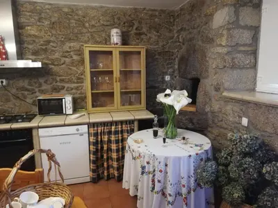 a kitchen with a table with a vase of flowers on it at Casa Da Pallota in Moraña