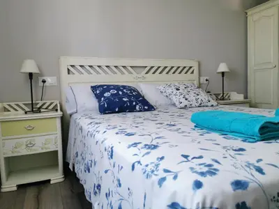 a bedroom with a bed with a blue and white comforter at San Pedro in Cangas de Foz
