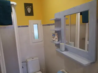 a bathroom with a white toilet and a mirror at San Pedro in Cangas de Foz