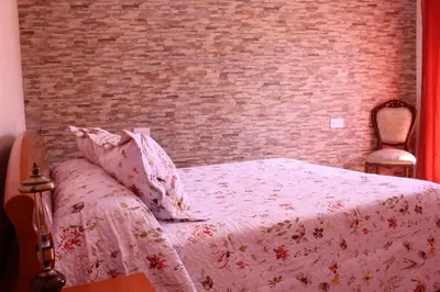 a bedroom with a pink bed with a brick wall at Casa do Bouza Vello in Sober