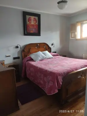 a bedroom with a bed with a pink bedspread at Albergueria Frade in O Cebreiro