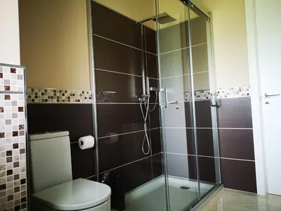 a bathroom with a glass shower with a toilet at Alojamientos Viveiro - El Escairo in Viveiro