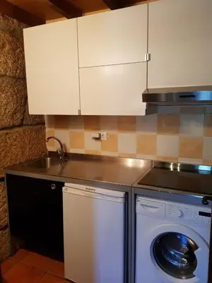 a kitchen with a washing machine and a sink at Aldea Rural A Cortiña in Pepín