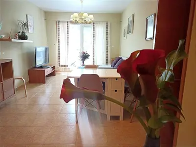 a living room with a desk and a table with a plant at A&L Playa in Viveiro