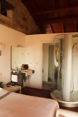 a bathroom with a shower and a bed in a room at Casa do Cebro Casa con piscina y jacuzzi privados in Santiago de Compostela