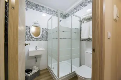 a bathroom with a shower and a toilet and a sink at Pensión Luis in Arzúa