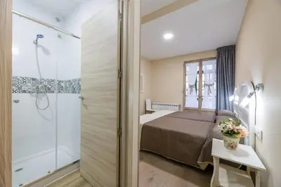 a bedroom with a bed and a shower at Pensión Luis in Arzúa