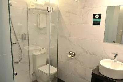 a bathroom with a shower and a toilet and a sink at Hotel Alda Estación Ourense in Ourense