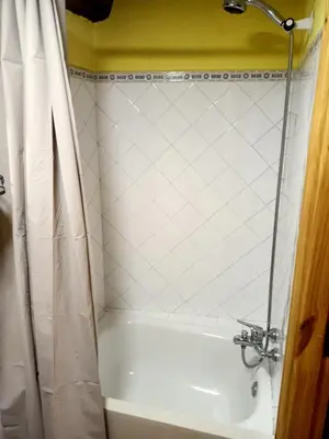 a bathroom with a tub and a shower curtain at Casa Rural del Acebo in Espinoso de Compludo