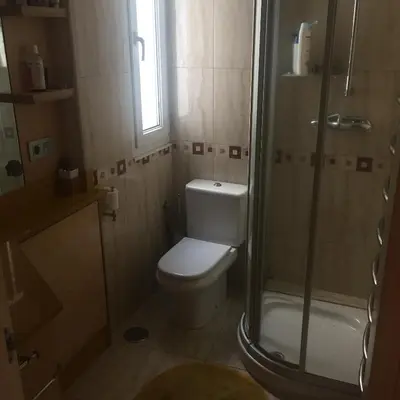 a small bathroom with a toilet and a shower at Bierzo centro in Ponferrada