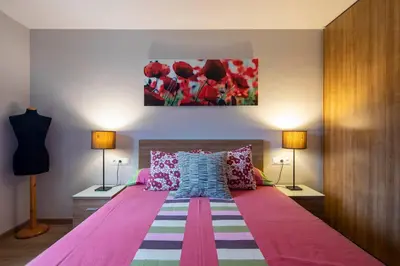 a bedroom with a large bed with a pink blanket at Ponferrada Castillo in Ponferrada