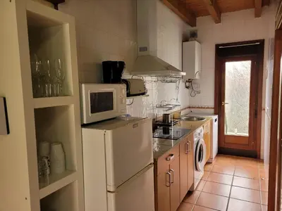 a kitchen with a white refrigerator and a microwave at El Relax de Sanabria in Trefacio