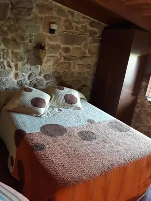 a bed in a room with a stone wall at Loft Corte de Fora in Ourense