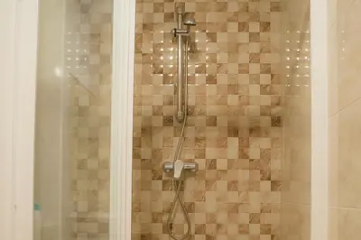 a shower with a shower head in a bathroom at Pension ARCA in O Pedrouzo
