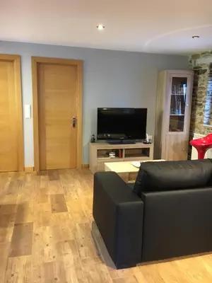 a living room with a couch and a flat screen tv at Narcea Turismo Real in Cangas del Narcea