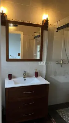 a bathroom with a sink and a mirror and a tub at Twin Pines Camino Norte in Arzúa