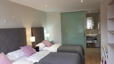 two beds in a hotel room with pink pillows at PortoHouse in Portomarin