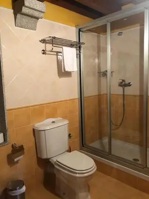 a bathroom with a toilet and a glass shower at Casa Rural Anxeliña in Boborás