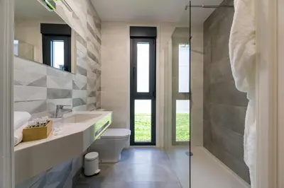 a bathroom with a toilet and a sink and a shower at Hotel A Curuxa Wellness in Arzúa
