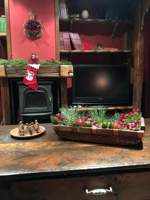 a table with a tv and a box with christmas decorations at Pereje Garden in Pereje