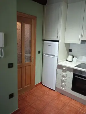 a kitchen with a white refrigerator and a door at Hotel Arco Navia in Navia