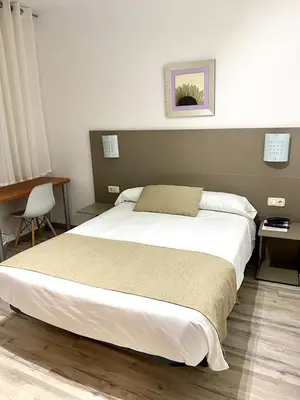 a bedroom with a large bed and a desk at Pensión Residencia Fornos in Santiago de Compostela