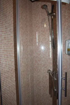 a shower in a bathroom with brown tiled walls at A Casa da Meixida in Padrón