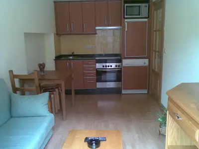 a kitchen with a couch and a table in a room at Apartamentos Casa Rosendo in Cangas del Narcea